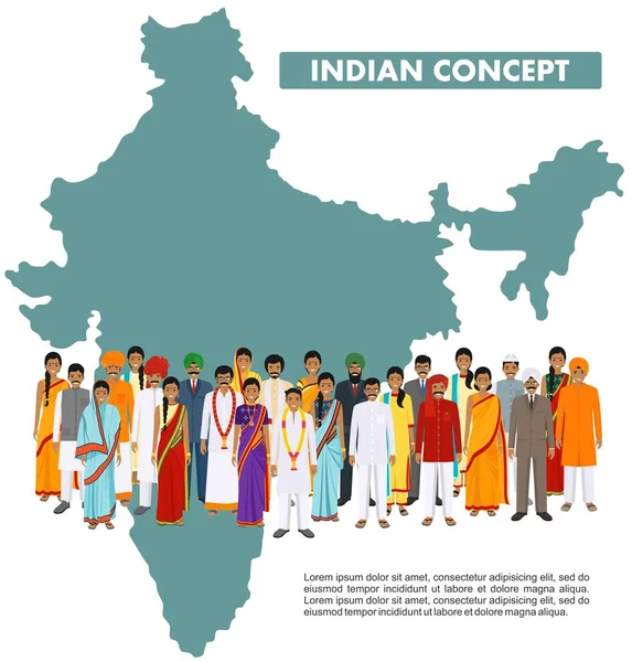 Family and social concept. Group indian young people standing together in different traditional national clothes on background with map of India in flat style. Vector illustration. — Stock Vector