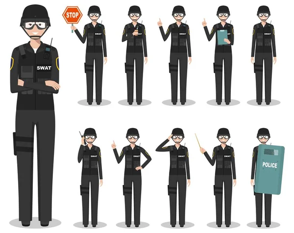 Police people concept. Detailed illustration of american policewoman, sheriff, SWAT officer standing in different poses in flat style isolated on white background. Vector illustration. — Stock Vector