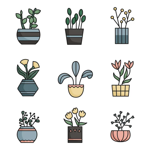 Conjunto Iconos Contorno Colores Las Plantas Caseras Paisajismo Casa Oficina — Vector de stock