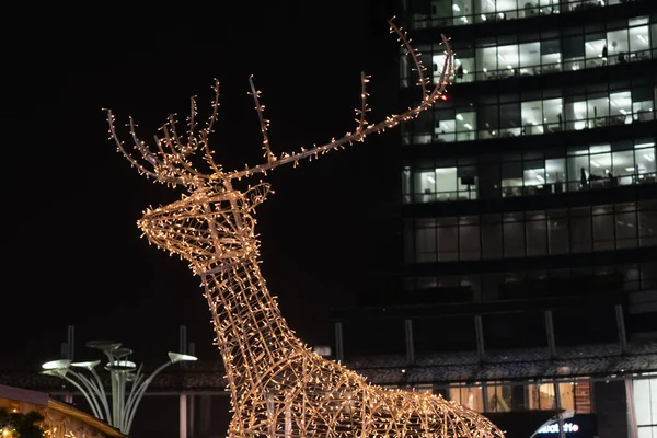 Christmas installation - deer on night city background. Christmas deer installation in Milan