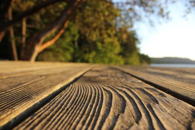 İngiliz Kolombiyası 'ndan Kanada ahşap tanecikleri deniz kenarındaki bir kulübede güverte tahtası olarak kullanılıyor..