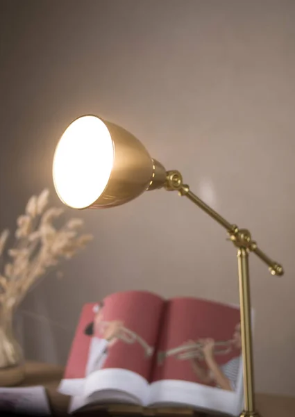 Beautiful Wooden Light Table Golden Lamp Dry Grass Vase White — Zdjęcie stockowe