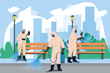 specialist in hazmat suit cleaning disinfecting coronavirus cells epidemic MERS-CoV office interior wuhan 2019-nCoV pandemic health risk full length horizontal vector illustration