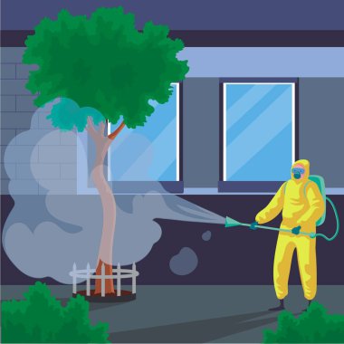 Man with disinfectant spray machine, sensitization process clipart