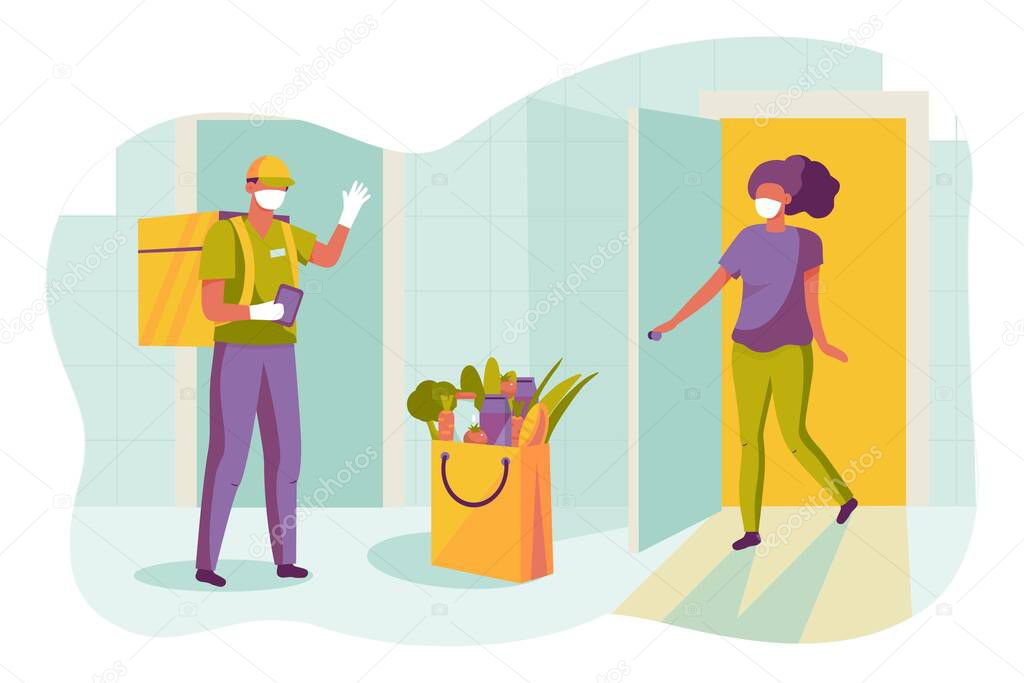Safe food delivery. Young courier delivering grocery order to the home of customer with mask and gloves during the coronavirus pandemic. Vector cartoon illustration isolated