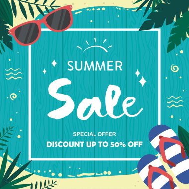 Palmiye yaprağı Yaz indirimi yüzde 50 'ye çıktı. İnternet afişi veya e-ticaret afişi, çevrimiçi kozmetik dükkanı, moda & güzellik salonu, mağaza.