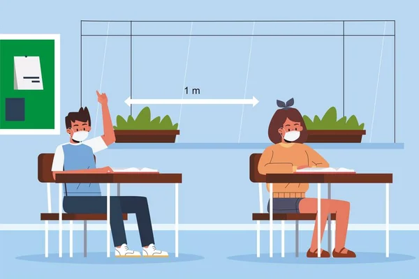 Nuevo Concepto Aula Distanciamiento Social Normal Con Niño Niña Cada — Archivo Imágenes Vectoriales