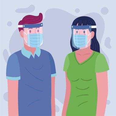 Koruyucu antivirüs tıbbi yüz kalkanı grafiksel konseptini kullanmak için doğru ve yanlış yol, kovid 19, virüs korumasını önlemek için cerrahi maske takan kadın ve erkek,