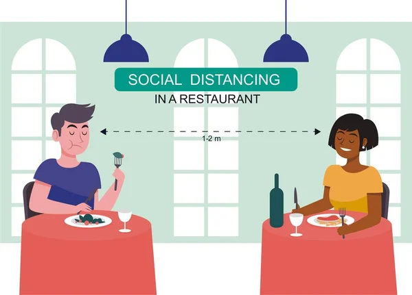 レストラン 男性と女性の社会的距離の概念は カウンターテーブルの上のレストランやカフェで離れて座っています Covid 19パンデミック時 — ストックベクタ