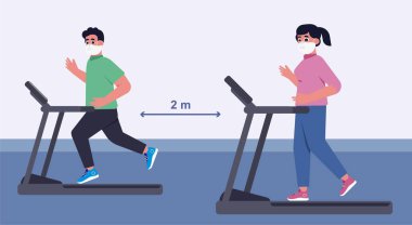 Yeni Normal Konsept 'te sosyal mesafe, spor yapan kadın ve erkekler spor yapıyor ve Fitness Spor Salonu' nda maske takıyorlar. Corona virüsü veya COVID-19 salgınını önle.