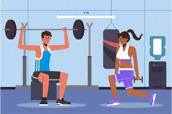 Social Distansering Ett Gym Människor Som Motionerar Håller Avstånd Från — Stock vektor