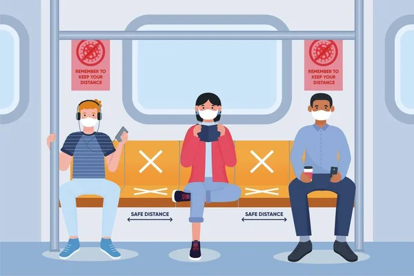 Distanciamiento Social Transporte Público Personas Metro Personajes Masculinos Femeninos Con — Archivo Imágenes Vectoriales