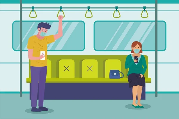 Concepto Distanciamiento Social Con Personas Que Usan Máscaras Médicas Tren — Archivo Imágenes Vectoriales