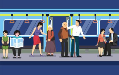 Genç bir adam ve bir kadınla metro taşımacılığında yaşlı yolculara yardım ediyor.