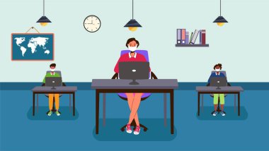 Okula geri dönme ve sosyalleşme kavramı. Yeni normal ya da Corona sonrası sınıftaki öğrencilerin durumlarının veya durumlarının gösterimi.