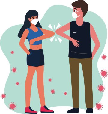 Cerrahi maskeler takan kadın ve erkeğin dirsekleriyle selamlar. Coronavirus salgını sırasında karşılamak için dirsek darbeleri. yeni normal. Sosyal Mesafe.