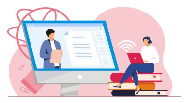 Çevrimiçi düz dizayn eğitimi. bir kadının karakteri çevrimiçi kurs ve çevrimiçi inceleme konseptiyle çevrimiçi çalışıyor.