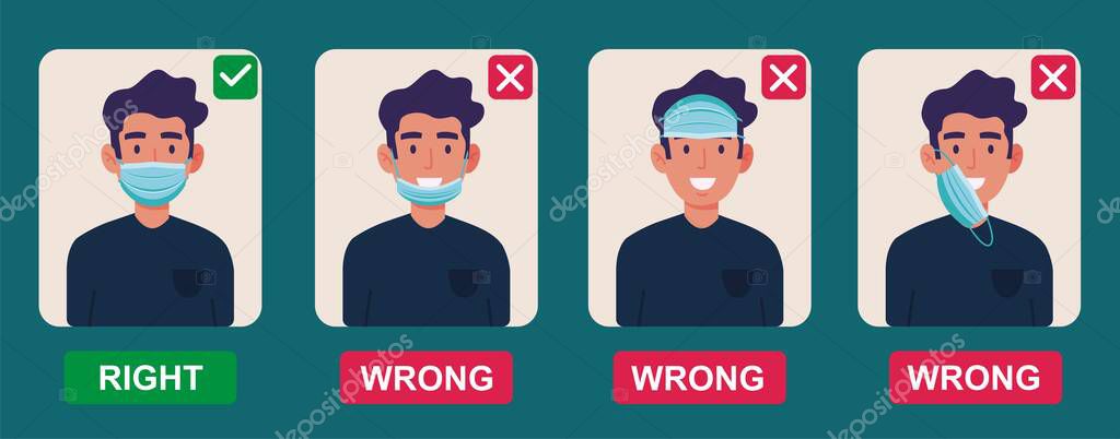 How to wear medical face mask properly. Instruction for personal hygiene during coronavirus. Boy characters wearing right and wrong way of surgical mask or face covering.