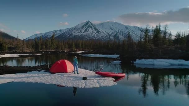 Flying over a camping with a hiker and a dog in the mountains — Stock Video