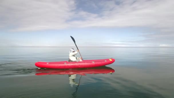 Canoe in the lake. Tourist canoeing on the Bay. Aerial drone shot. — Stock Video