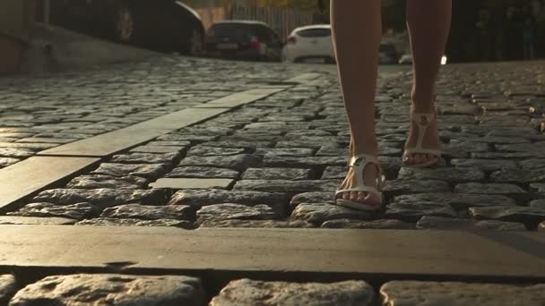 Détail de mouvement lent des pieds de femmes marchant à travers la ville sur la chaussée par derrière — Video