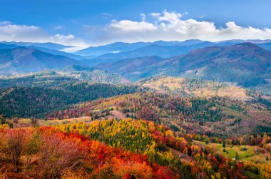 Karlı zirveleri olan renkli sonbahar dağ manzarası