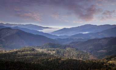 Karlı zirveleri olan renkli sonbahar dağ manzarası