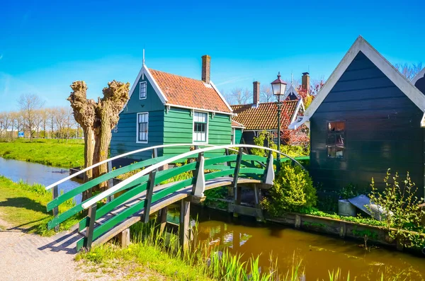 Geleneksel Hollanda yel değirmenleri ve Zaanse Schans, Hollanda, Avrupa 'daki kanal yakınlarındaki evler