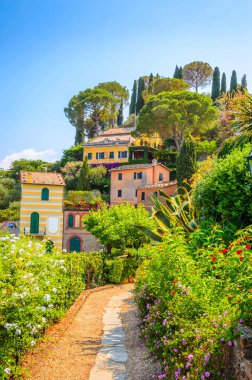 Portofino çiçekleriyle güzel geleneksel bir cadde, Lig.