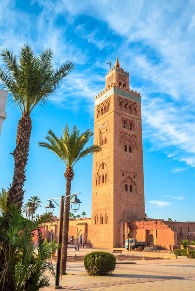 Koutoubia Mosque minaret in old medina  of Marrakech, Morocco