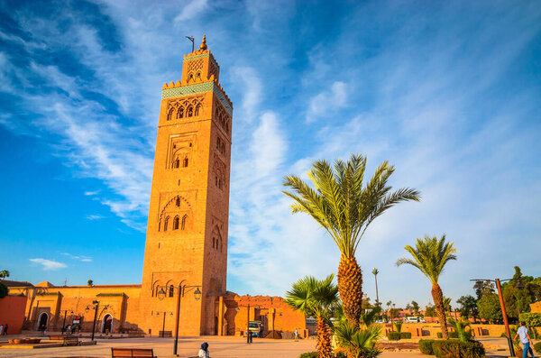 Koutoubia Mosque minaret in old medina  of Marrakech, Morocco