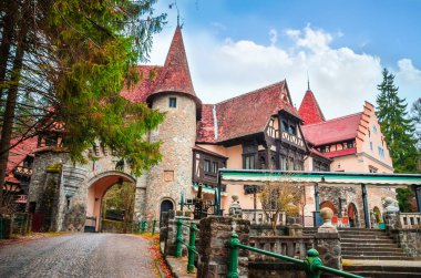 Sinaia, Carpathian 'da Peles kalesi yakınlarındaki tipik evler 