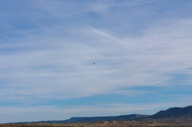 Güneşli bir günde yarı çöl manzarası bulutlu, görüntülerin çoğu gökyüzü ve uçan bir akbaba..