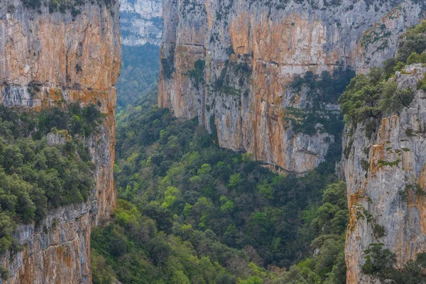 Bulutlu bir günde kayalık uçurum, nehir ve dağ manzarası.
