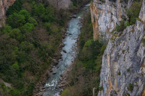 Bulutlu bir günde kayalık uçurum, nehir ve dağ manzarası.