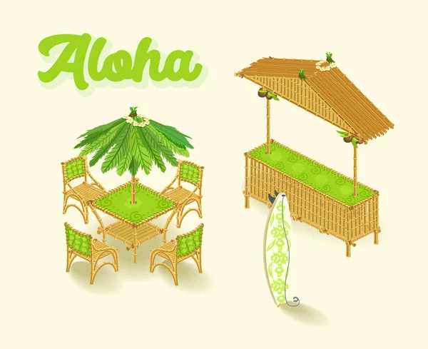 Bar Hawaïen Ensemble Isométrique Style Roseau Illustration Vectorielle — Image vectorielle