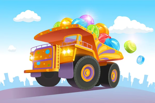 Camión Grande Brillante Lleva Una Gran Cantidad Caramelos Colores Entrega — Vector de stock
