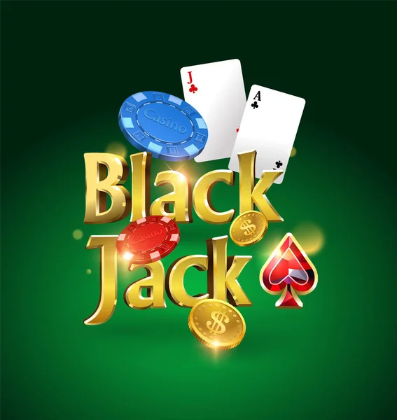 Logo Blackjack Sobre Fondo Verde Con Cartas Fichas Dinero Juego — Vector de stock