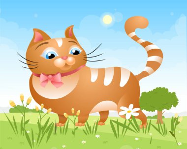 Güneşli bir günde çimlerin üzerinde bir kedi yürür. Kelebekli şişman kedi. Kişilik. Vektör illüstrasyonu