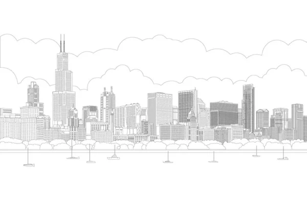 Chicago Edificio Rascacielos Ity Panorama Con Yates Dibujo Línea Vector — Archivo Imágenes Vectoriales