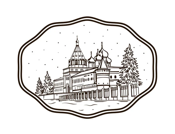 Ipatiev Monastery in Kostroma in winter. Emblem, symbol. Russian temples and attractions. Vector line illustration