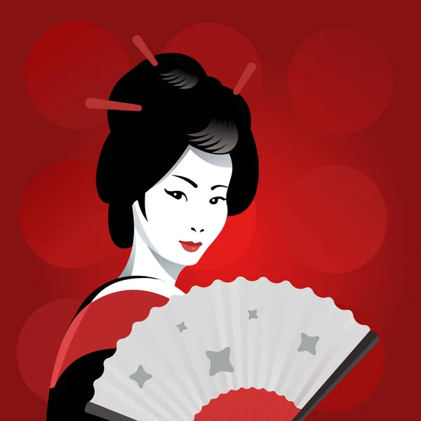 Japansk Geisha Flicka Med Fläkt Röd Bakgrund Vektorillustration — Stock vektor