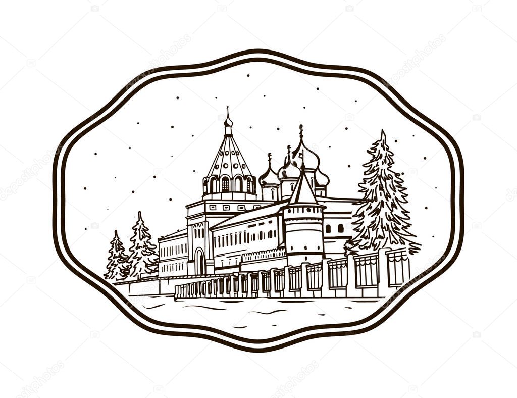 Ipatiev Monastery in Kostroma in winter. Emblem, symbol. Russian temples and attractions. Vector line illustration