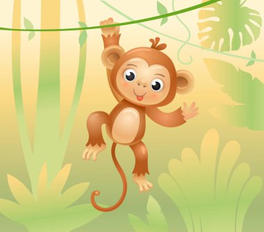 Maymun dallara ve sarmaşıklara atlar. Neşeli maymun. Ormandaki hayvanlar. Neşeli maymun. Vektör illüstrasyonu