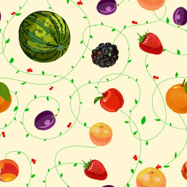 Karpuz, çilek, erik, greyfurt, böğürtlen, elma, şeftali, portakal ve yeşil filizler. Vektör illüstrasyonu