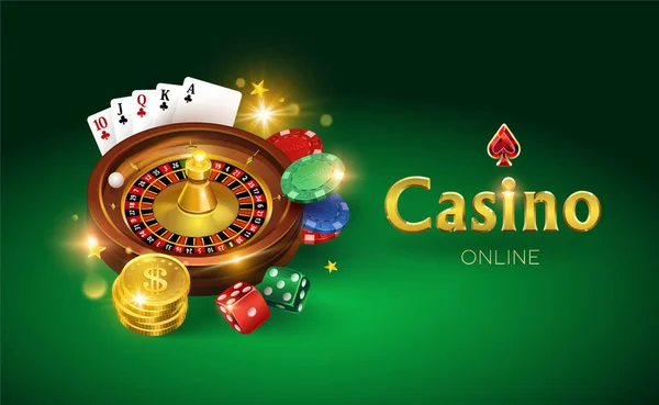 Casino Sobre Fondo Verde Dados Monedas Oro Cartas Ruleta Fichas — Vector de stock