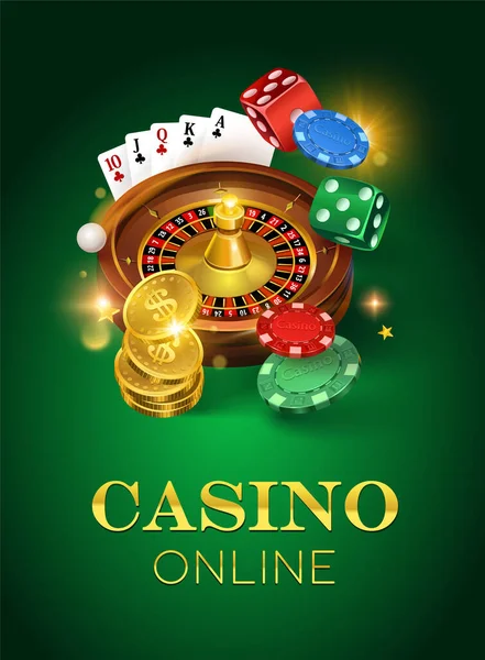 Online Casino Grön Bakgrund Tärningar Guldmynt Kort Roulette Och Chips — Stock vektor