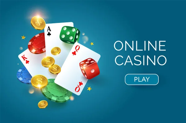 Casino Fundo Azul Dados Moedas Ouro Cartões Fichas Ilustração Horizontal — Vetor de Stock