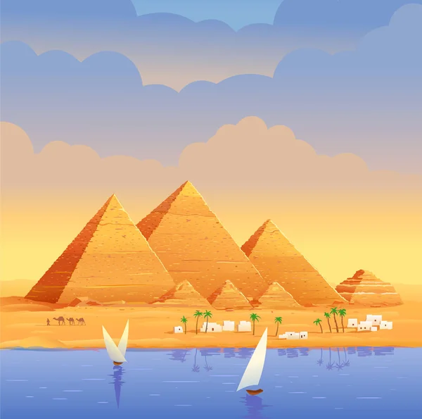 Pyramids Egypt Egyptian Pyramids Evening River Cheops Pyramid Cairo Giza — Stock Vector