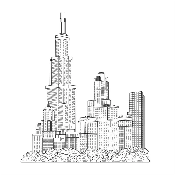 Rascacielos Centro Negocios Ciudad Edificios Altos Oficinas Ilustración Lineal Vectorial — Vector de stock